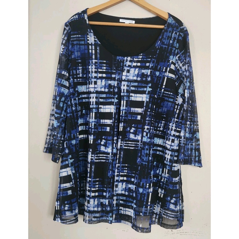Notations Womens 2X Layered 3/4 Sleeve Sheer Open Front Blue Black Blouse Top